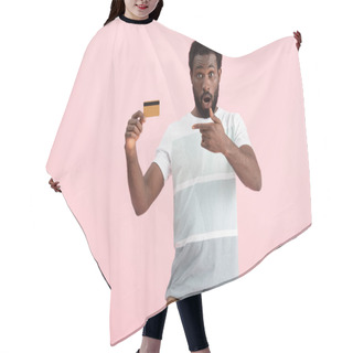 Personality  Shocked African American Man Pointing At Credit Card Isolated On Pink Hair Cutting Cape