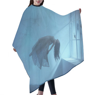 Personality  A Ghost Girl With Long Hair In A Vintage Dress. Room Under Water. A Photograph Of Levitation Resembling A Dream. A Dark Gothic Interior With Branches And A Huge Window Of Flooded Light. Art Photo Hair Cutting Cape