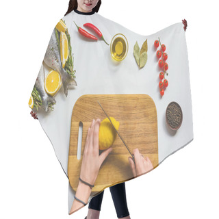 Personality  Partial View Of Woman Cutting Lemon By Knife On Wooden Board Near Raw Fish On Table Hair Cutting Cape