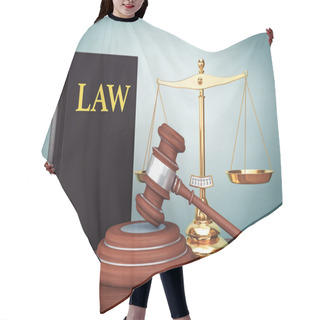 Personality  Old Style Photo. Justice Gold Scale, Law Book And Wooden Gavel Hair Cutting Cape