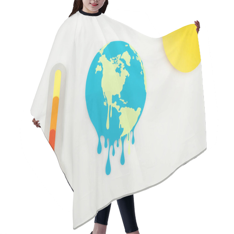 Personality  Paper Cut Sun And Melting Earth, And Thermometer With High Temperature Indication On Scale On Grey Background, Global Warming Concept Hair Cutting Cape