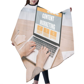 Personality  Partial View Of Businesswoman Typing On Laptop With Content Marketing At Workplace  Hair Cutting Cape