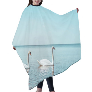 Personality  Two White Swans Swimming On Blue River Hair Cutting Cape