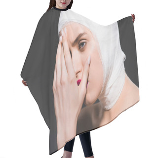 Personality  Young Woman With Bandaged Head Covering Face Isolated On Grey  Hair Cutting Cape