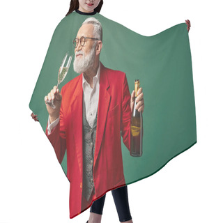 Personality  Elegant Santa With Beard In Red Classy Suit Testing Champagne On Green Backdrop, Winter Concept Hair Cutting Cape
