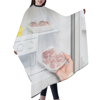 Personality  Cropped View Of Man Taking Out Frozen Meat From Freezer Hair Cutting Cape