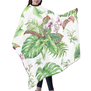 Personality  Hand Drawn Flowers And Leaves Of Tropical Plants. Seamless Floral Pattern Made With Watercolor Exotic Bouquets With  Pink Orchid And Red Hibiscus On White Background. Hair Cutting Cape