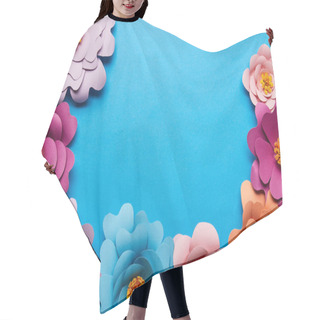 Personality  Top View Of Colorful Paper Cut Flowers On Blue Background With Copy Space Hair Cutting Cape
