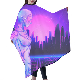 Personality  Portrait Of Robot Android Woman In Retro Futurism Style. Vector Illustration . Of A Cyborg In Glowing Neon Bright Colors. Futuristic Synth Wave Flyer Template. Hair Cutting Cape