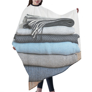 Personality  Stack Of Warm Woolen Clothing On A Wooden Table Hair Cutting Cape