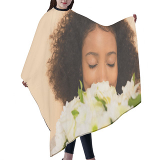 Personality  African American Preteen Girl Smelling Bouquet Of Daisies With Closed Eyes Isolated On Beige Hair Cutting Cape