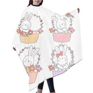 Personality  Floral Baskets With Cute Rabbits In Doodle Cartoon Style, Vector, Illustration  Hair Cutting Cape