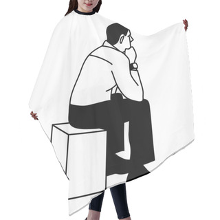 Personality  Man Sitting On Box. View From The Back. Black Lines Isolated On White Background. Concept. Vector Illustration Of Serious Man Sitting On Cube Putting Elbows On His Knees In Simple Sketch Style. Hair Cutting Cape