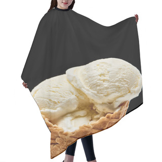 Personality  Close Up View Of Delicious Vanilla Ice Cream In Crispy Waffle Cone Isolated On Black  Hair Cutting Cape