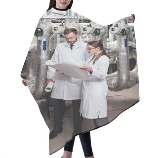 Personality  Engineers In Glasses And White Coats Looking At Blueprint Near Air Compressor System  Hair Cutting Cape