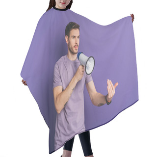 Personality  Serious Young Man Showing Come Here Gesture While Holding Megaphone On Purple Background Hair Cutting Cape