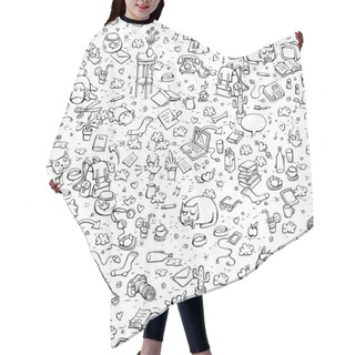Personality  Technological Everyday Objects Seamless Pattern In Black And Whi Hair Cutting Cape