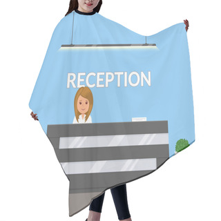 Personality  Reception In Modern Office. Business Office, Clinic Or Hotel Interior In Blue Colors With Flowers And Reception Desk. Interior Lobby Or Waiting Room Inside Building. Vector Illustration In Flat Style. Hair Cutting Cape