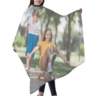 Personality  Adorable Happy Children Having Fun With Longboard In Park  Hair Cutting Cape
