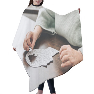 Personality  Cropped View Of Senior Woman Playing With Puzzles  Hair Cutting Cape