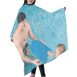 Personality  Overhead View Of Mother Touching Cute Toddler Boy Swimming Near Swim Instructor  Hair Cutting Cape