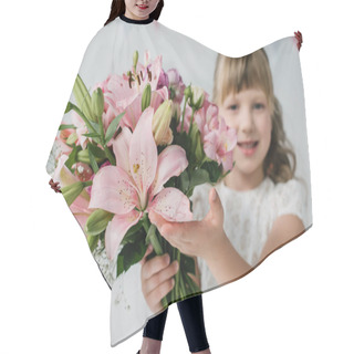 Personality  Selective Focus Of Happy Birthday Kid Pointing On Bouquet Of Lilies  Hair Cutting Cape