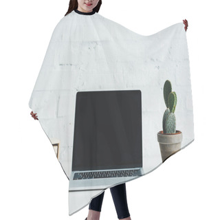 Personality  Wooden Calendar With Date Of 1st May, Laptop With Blank Screen And Cactus Plant  Hair Cutting Cape