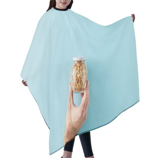Personality  Cropped View Of Man Holding Jar Of Granola On Blue Background Hair Cutting Cape