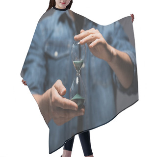 Personality  Cropped View Of Man Holding Hourglass With Flowing Sand Isolated On Grey, Concept Of Time Management  Hair Cutting Cape