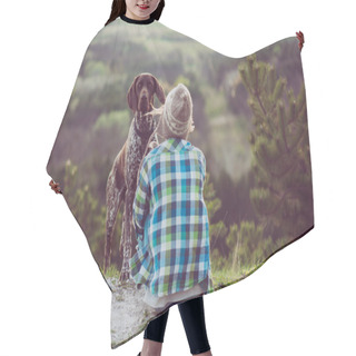 Personality  Woman And Her Dog Posing Outdoor. Active Lifestyle With Dog.  Hair Cutting Cape