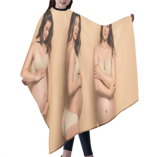 Personality  Collage Of Young Pregnant Woman In Underwear Touching Tummy And Standing With Crossed Arms On Beige, Panoramic Concept Hair Cutting Cape