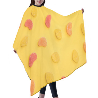 Personality  Top View Of Delicious Lemon, Grapefruit And Orange Jellies Scattered On Yellow Background Hair Cutting Cape