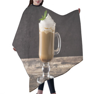 Personality  Peppermint Coffee Mocha For Christmas On Wooden Table And Black Background.  Hair Cutting Cape