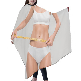 Personality  Partial View Of Beautiful Slim Woman In Underwear Holding Measuring Tape On Waist Isolated On Grey Hair Cutting Cape