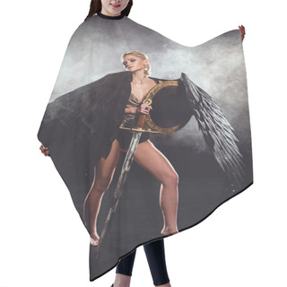 Personality  Beautiful Woman In Warrior Costume And Angel Wings Posing With Shield And Sword On Black Background Hair Cutting Cape