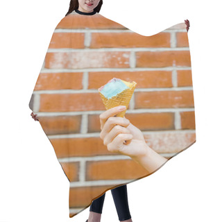 Personality  Cropped Shot Of Woman Holding Ice Cream In Waffle Cone In Front Of Brick Wall Hair Cutting Cape