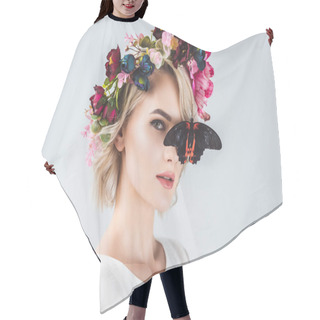 Personality  Beautiful Young Woman Posing In Floral Wreath With Butterfly, Isolated On Grey Hair Cutting Cape