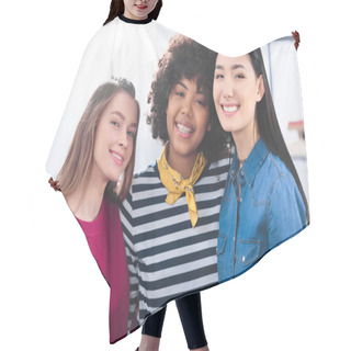 Personality  Portrait Of Cheerful Multiracial Students Looking At Camera Hair Cutting Cape