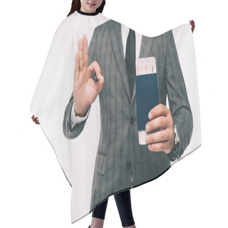 Personality  Cropped Image Of Businessman Holding Passport And Ticket And Showing Okay Gesture Isolated On White Hair Cutting Cape