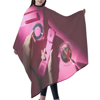 Personality  Cropped View Of Woman Using Retro Telephone With Martini Beside On Pink Background Hair Cutting Cape