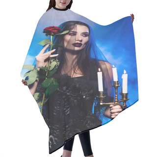 Personality  Young Woman In Black Dress And Veil Holding Rose And Burning Candles On Blue With Smoke, Halloween Concept Hair Cutting Cape