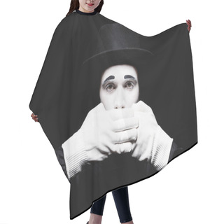 Personality  Mime Covering Mouth And Looking At Camera Isolated On Black Hair Cutting Cape