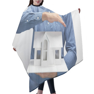 Personality  Cropped Shot Of Man Holding Small House Model On Grey, Insurance Concept Hair Cutting Cape