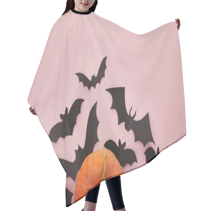 Personality  Top View Of Pumpkin And Paper Bats On Pink Background, Halloween Decoration Hair Cutting Cape