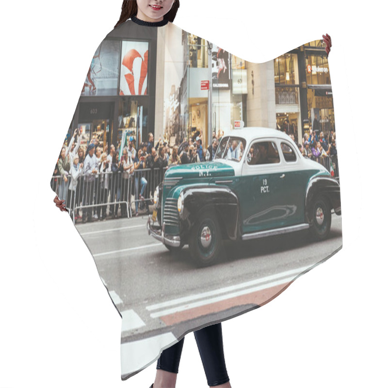 Personality  NEW YORK, USA - OCTOBER 8, 2018: city parade with retro car on street in new york, usa hair cutting cape