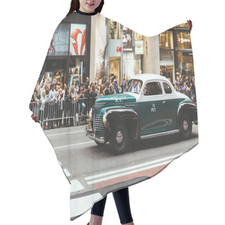 Personality  NEW YORK, USA - OCTOBER 8, 2018: City Parade With Retro Car On Street In New York, Usa Hair Cutting Cape