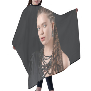 Personality  Beautiful Young Woman With Braided Hair On Dark Background Hair Cutting Cape