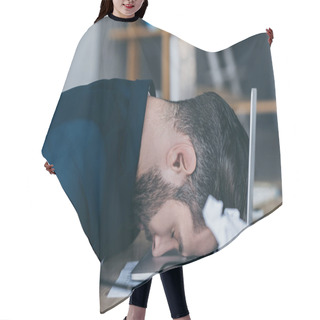 Personality  Depressed Businessman With Closed Eyes Sitting At Workplace With Head On Laptop Near Crumpled Paper Hair Cutting Cape