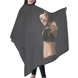 Personality  Plus Size Girl Showing Stop Gesture And Covering Face With Hand On Black Background  Hair Cutting Cape