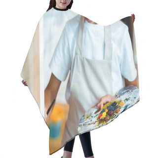 Personality  Cropped View Of Kid With Palette Standing Near Easel  Hair Cutting Cape